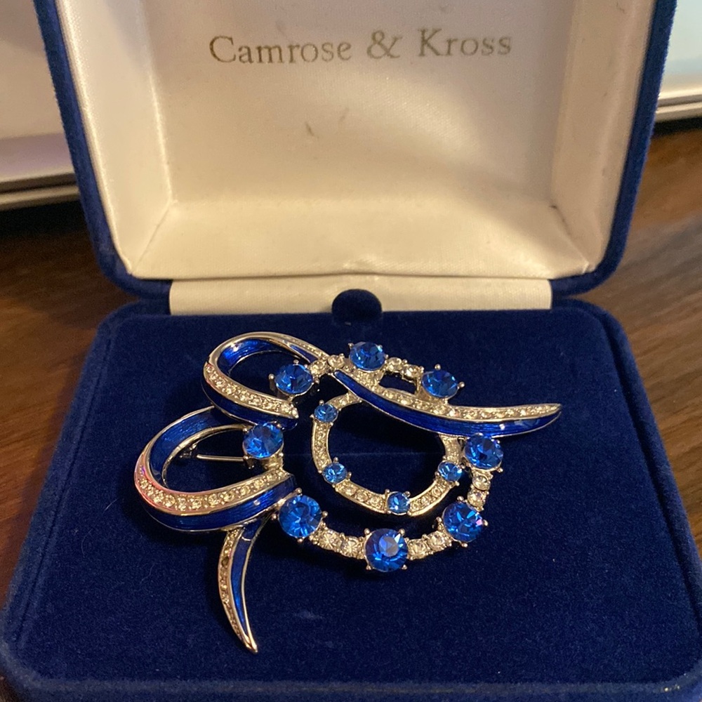Camrose and Kross Jacqueline Kennedy Blue Rhinestone and Enamel Brooch